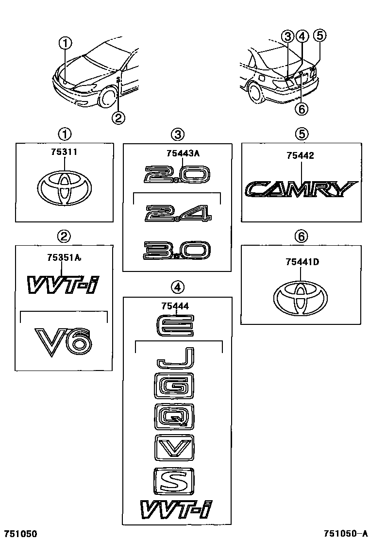 Toyota CAMRY 丰田徽标和铭牌(车外和车内) EPC diagram — 751050A