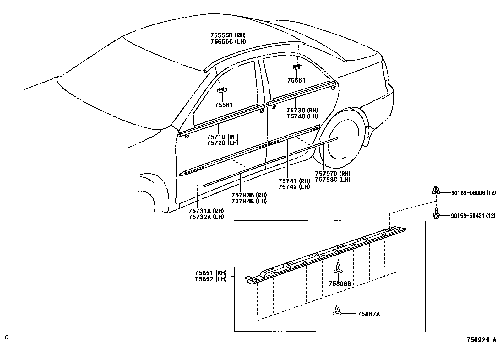 Toyota CAMRY 侧防护条 EPC diagram — 750924A