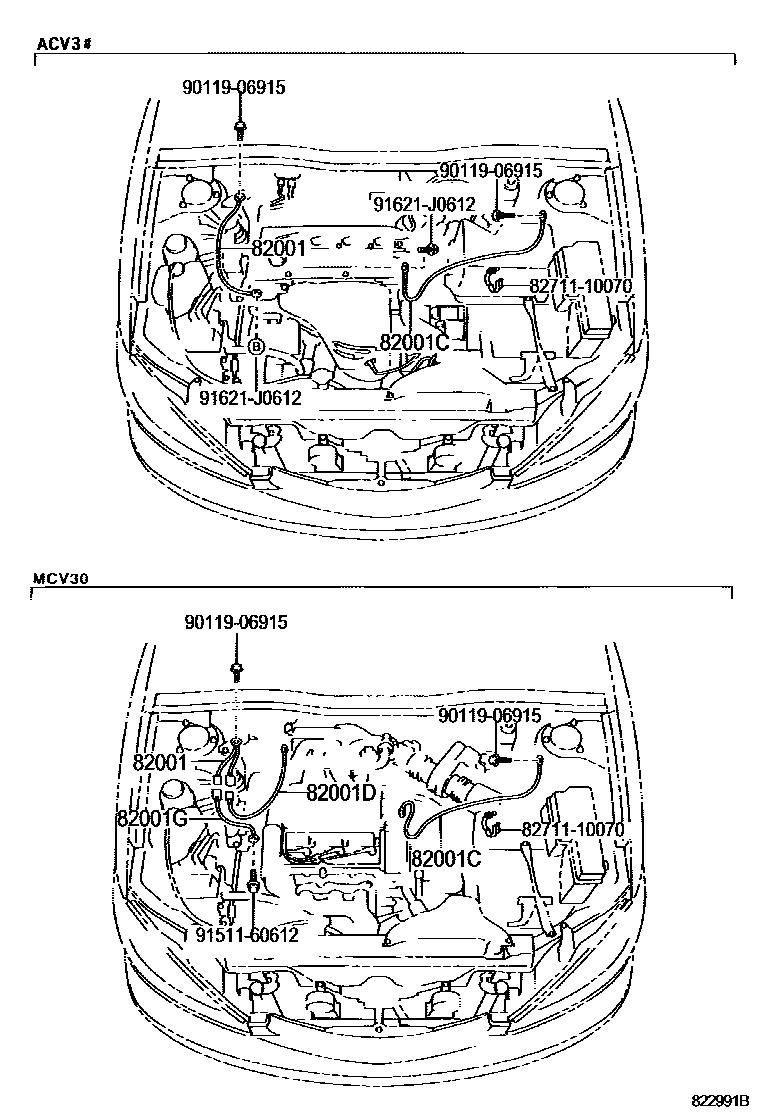 Toyota CAMRY 线束和卡夹 EPC diagram — 822991B