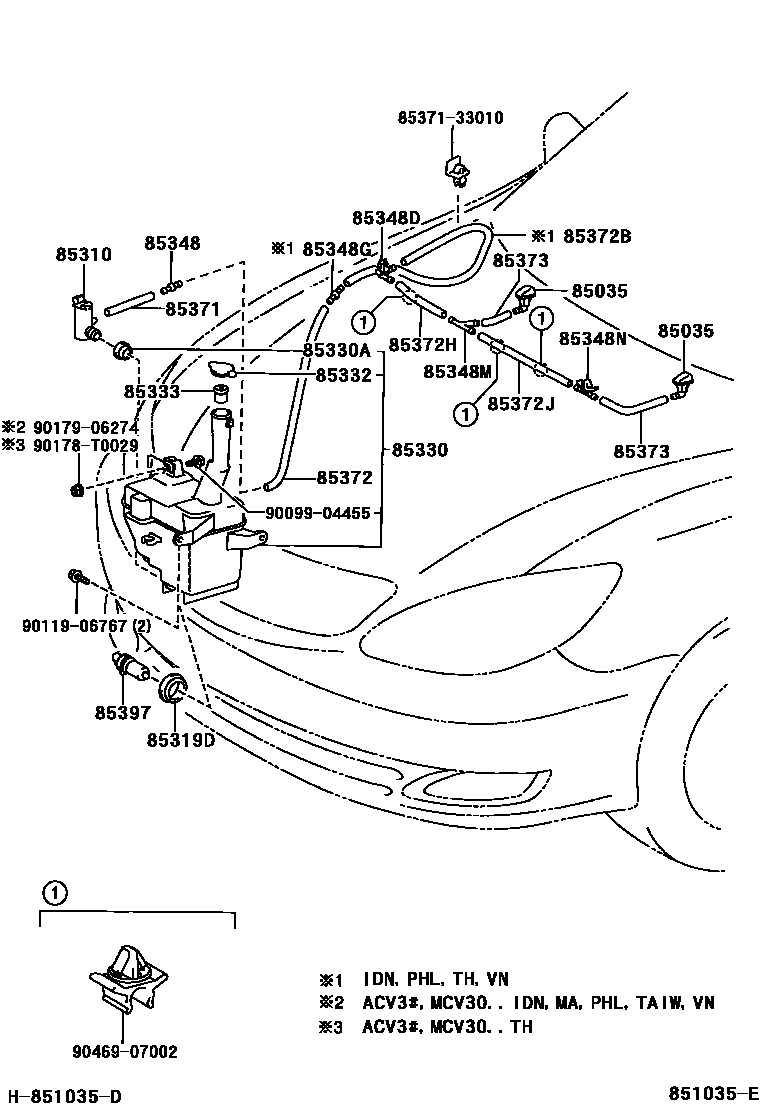 Toyota CAMRY 挡风玻璃清洗器 EPC diagram — 851035E