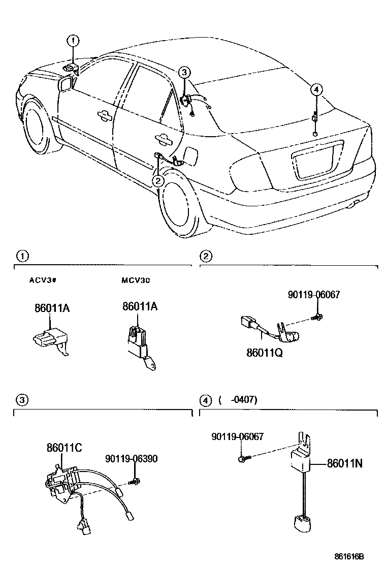 Toyota CAMRY 收音机、放大器和冷凝器 EPC diagram — 861616B