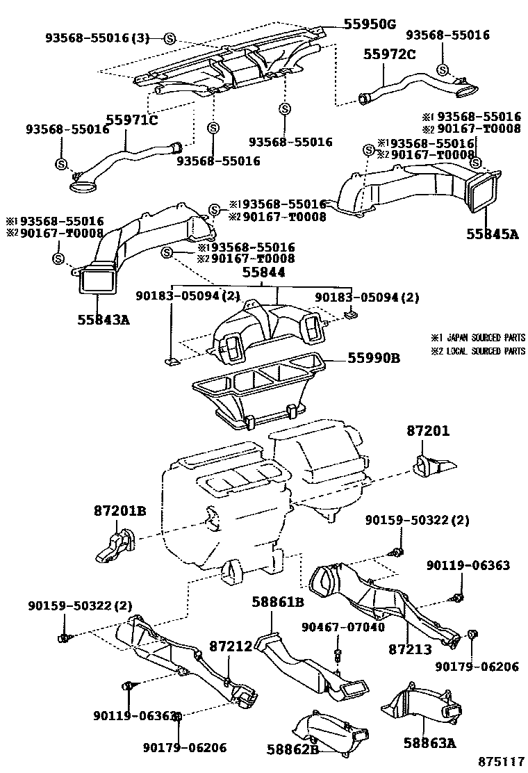 Toyota CAMRY 暖风和空调系统 - 控制器和风管 EPC diagram — 875117F