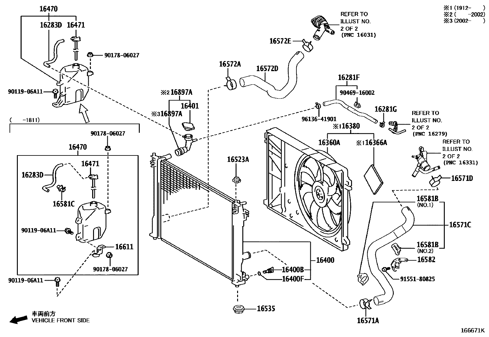 Toyota CAMRY RADIATOR & WATER OUTLET EPC diagram — 166671K