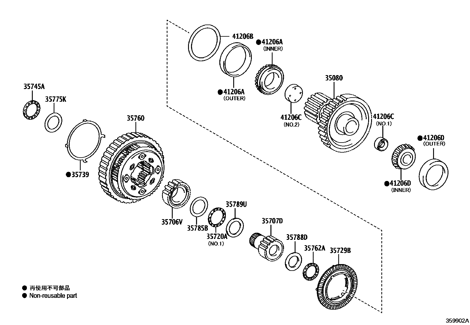 Toyota CAMRY 行星齿轮、倒档活塞和中间轴齿轮(ATM) EPC diagram — 359902A