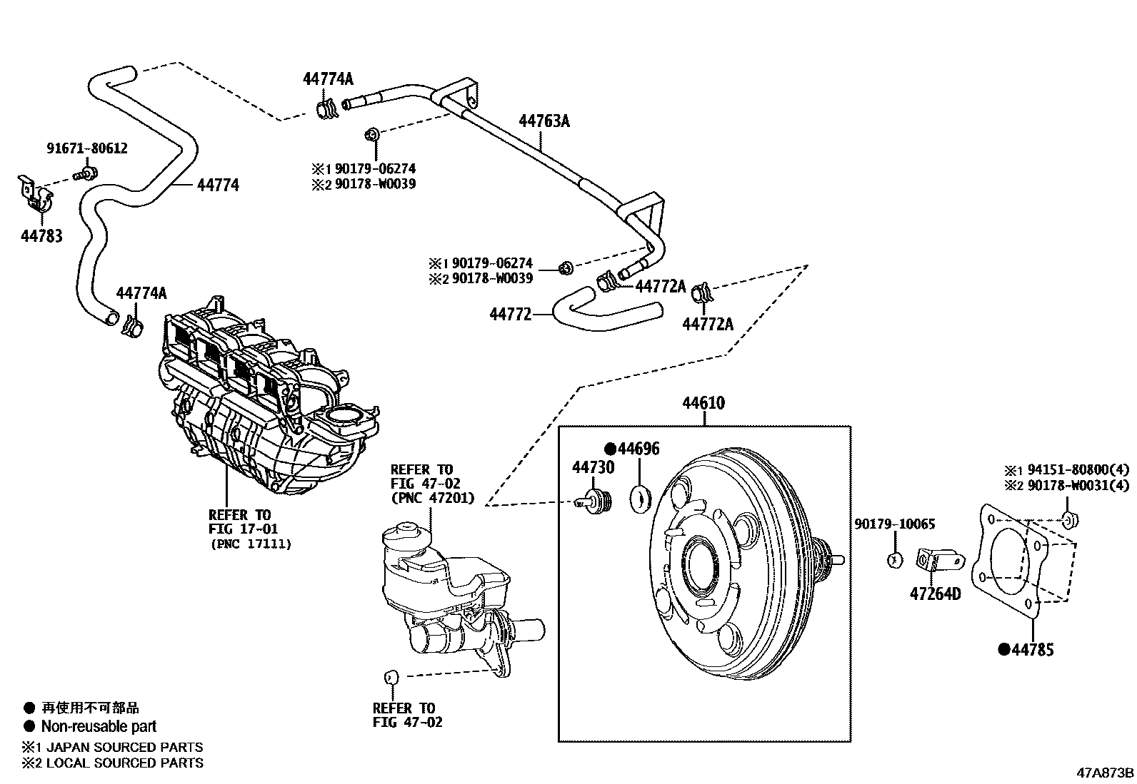 Toyota CAMRY 制动助力器和真空管 EPC diagram — 47A873B