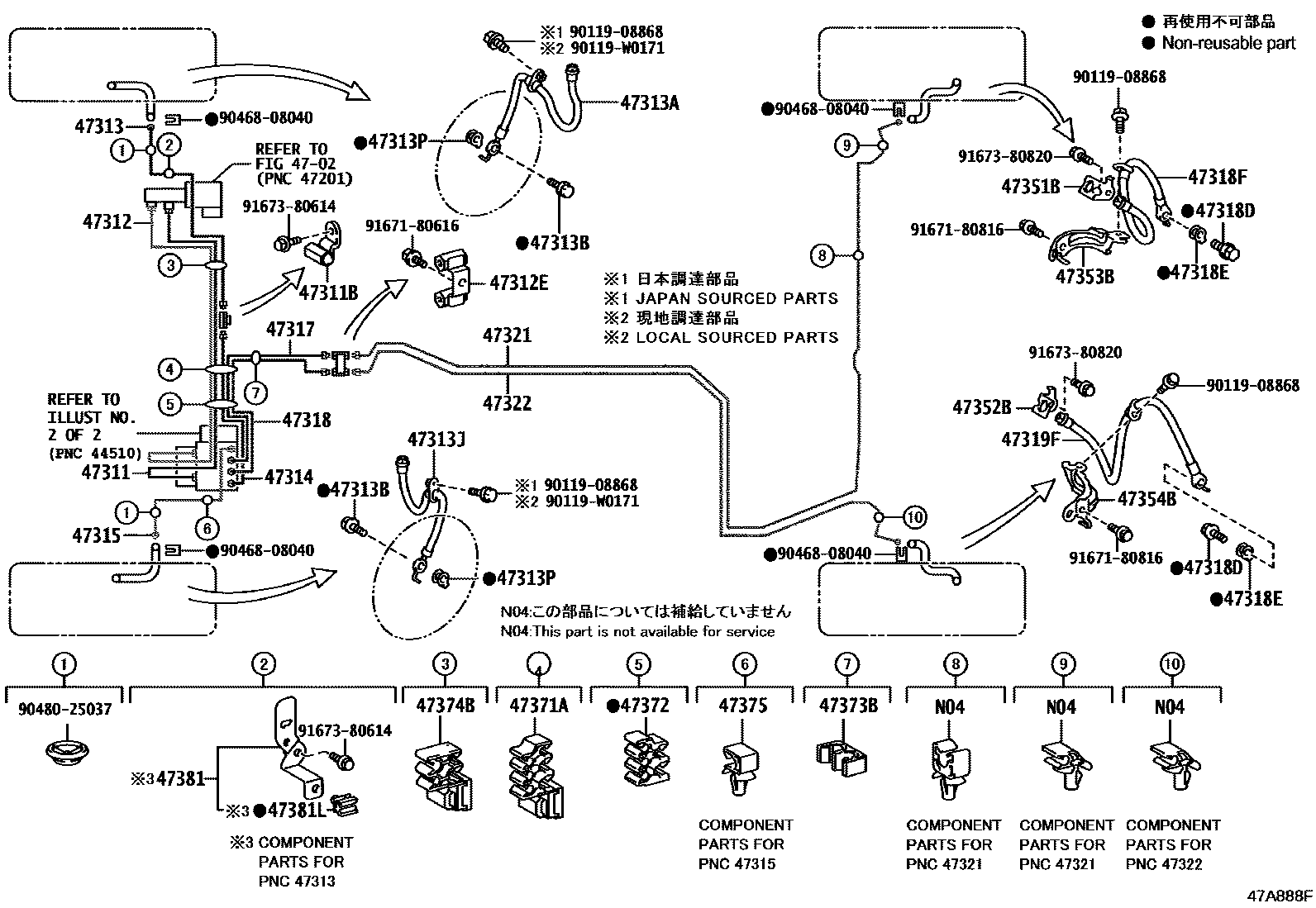 Toyota CAMRY 制动配管和卡箍 EPC diagram — 47A888F