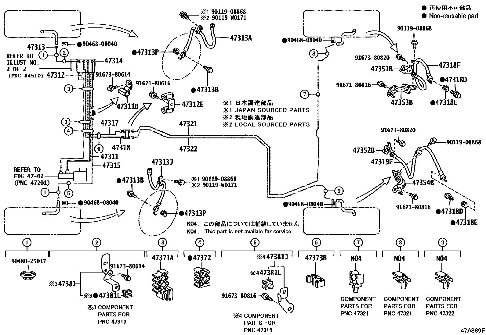 Toyota CAMRY 制动配管和卡箍 EPC diagram — 47A889F