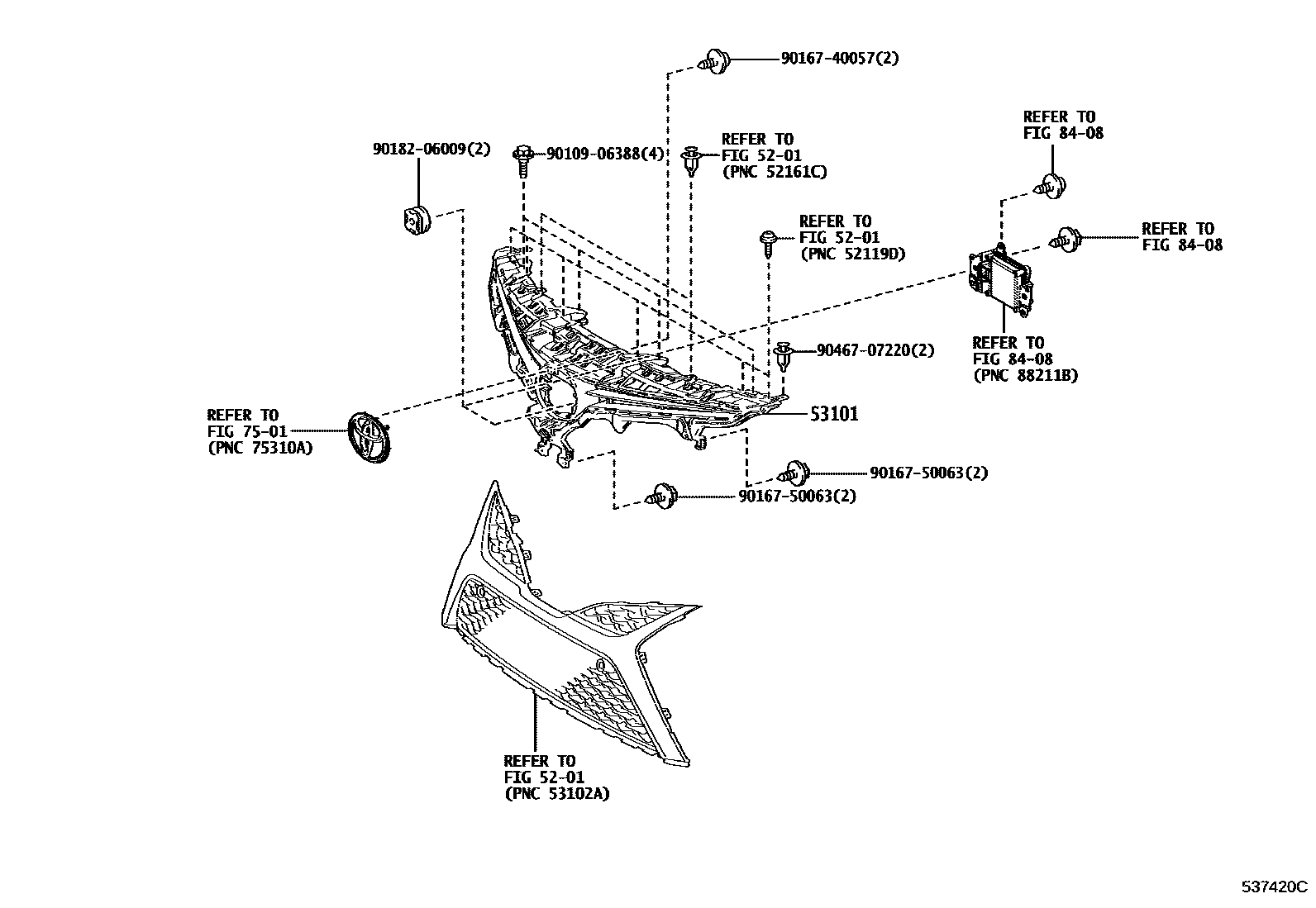 Toyota CAMRY radiator grille EPC diagram — 537420C