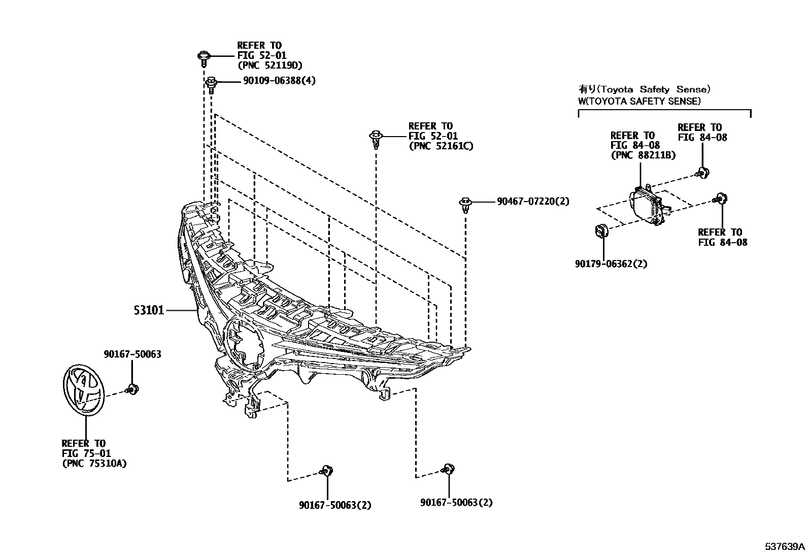 Toyota CAMRY radiator grille EPC diagram — 537639A