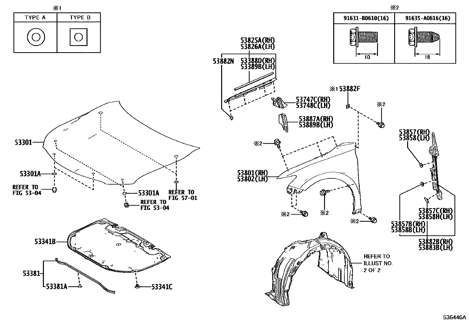Toyota CAMRY 发动机盖和前翼子板 EPC diagram — 536446A
