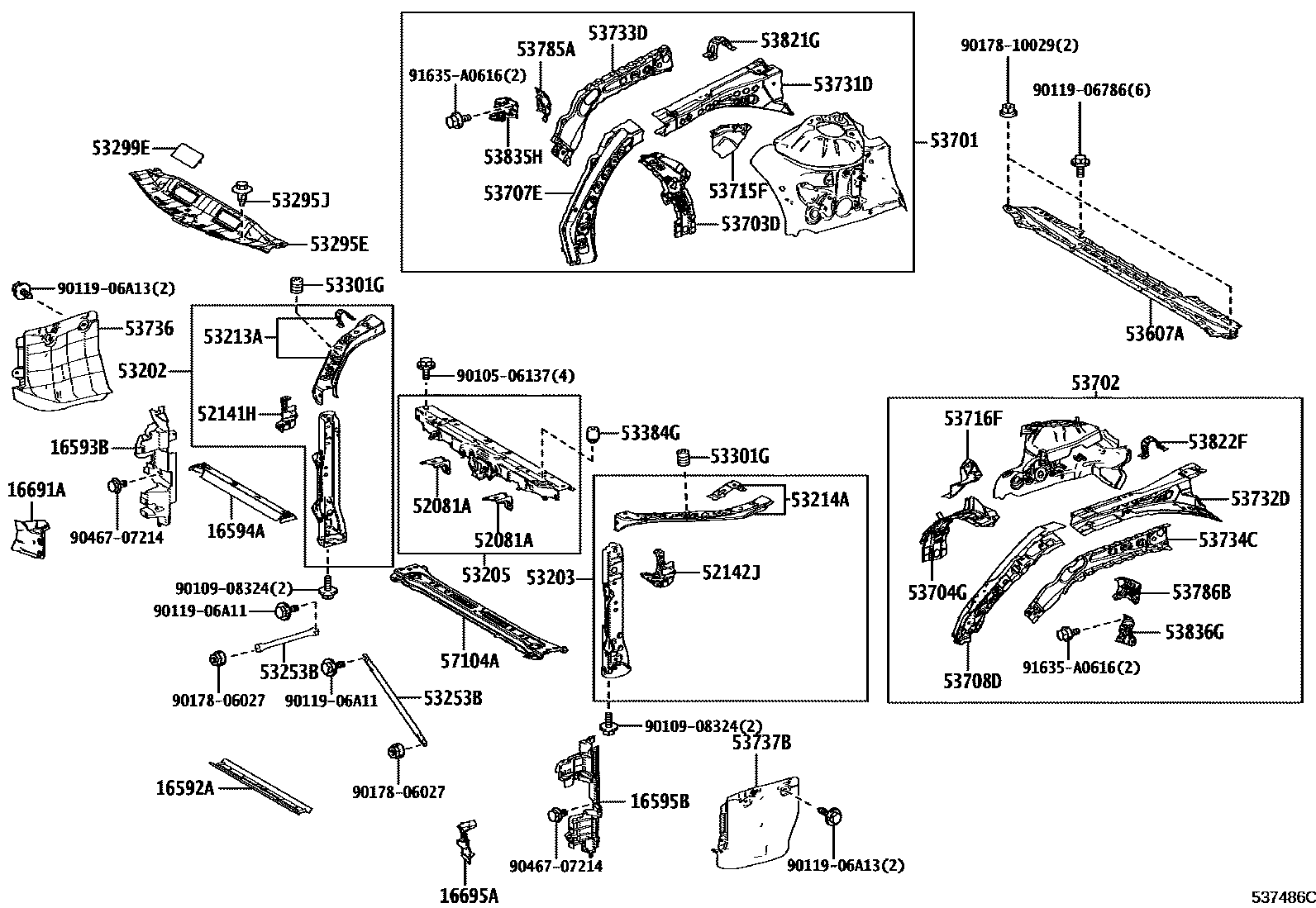 Toyota CAMRY 前翼子板挡泥板和前围板 EPC diagram — 537486C