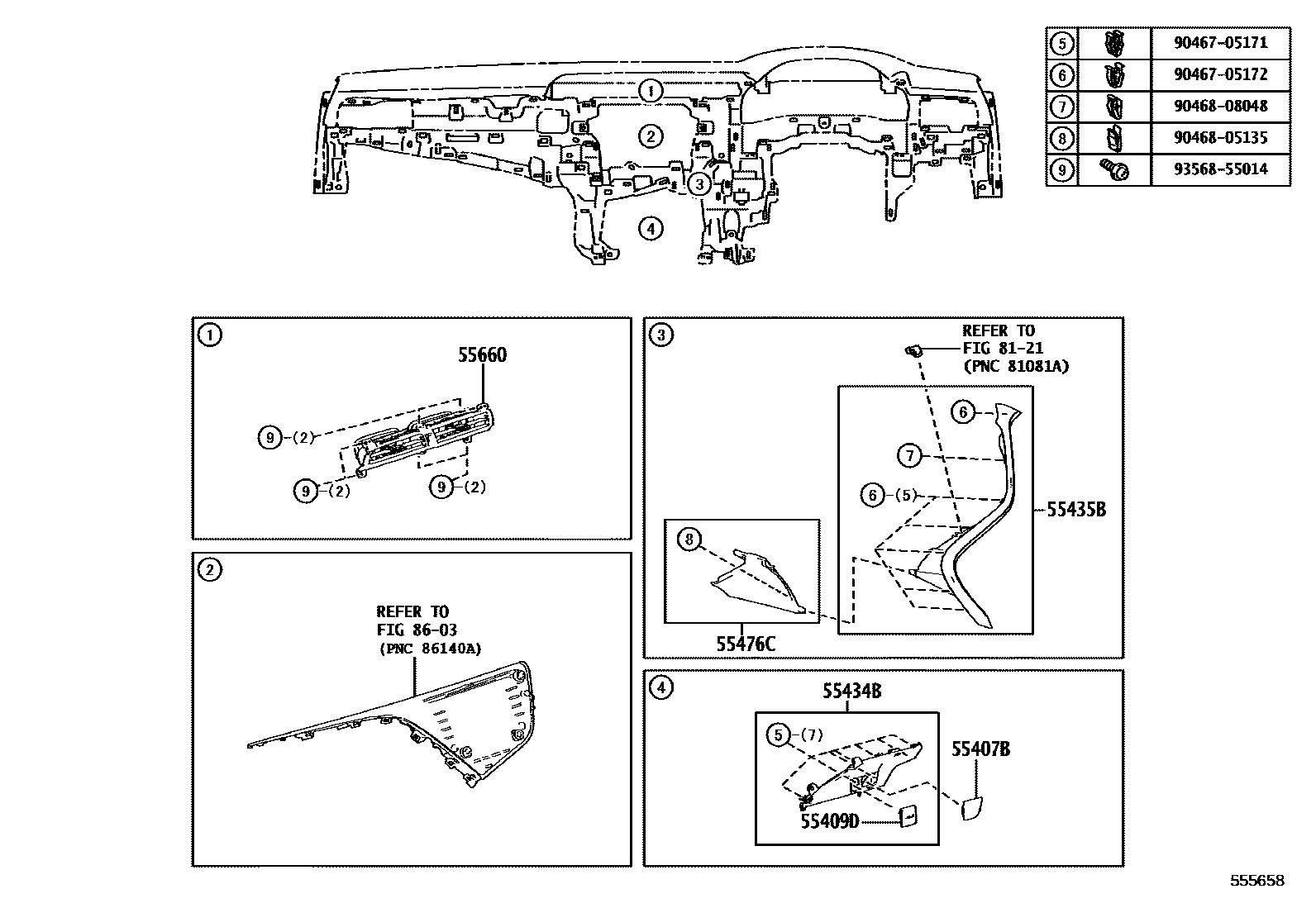 Toyota CAMRY 仪表板和手套箱 EPC diagram — 555658