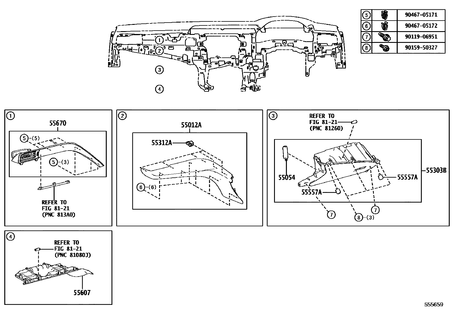 Toyota CAMRY 仪表板和手套箱 EPC diagram — 555659