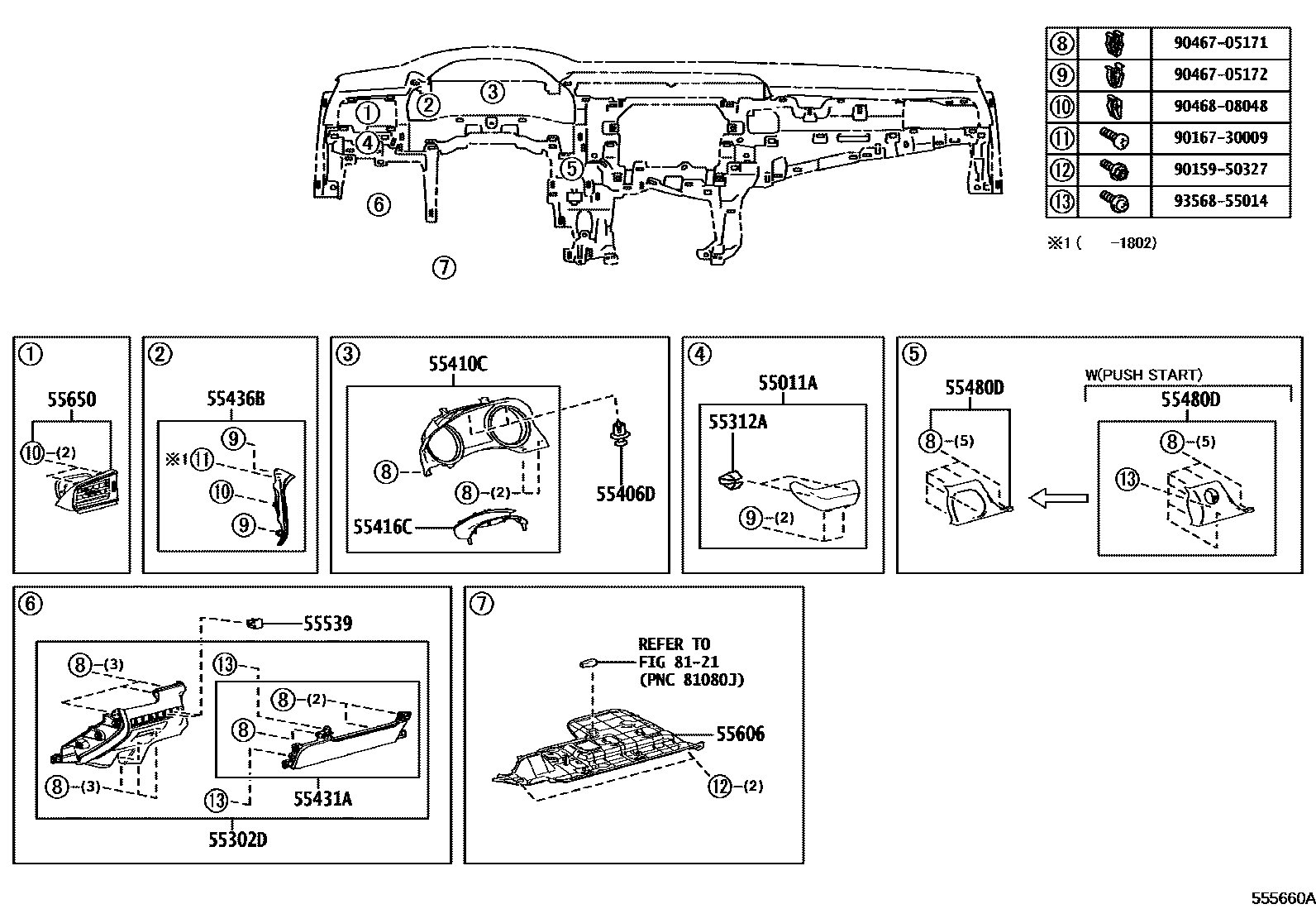 Toyota CAMRY 仪表板和手套箱 EPC diagram — 555660A