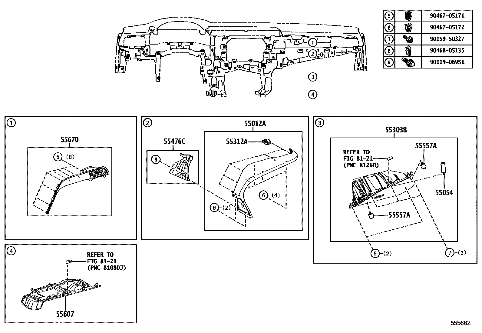 Toyota CAMRY 仪表板和手套箱 EPC diagram — 555662