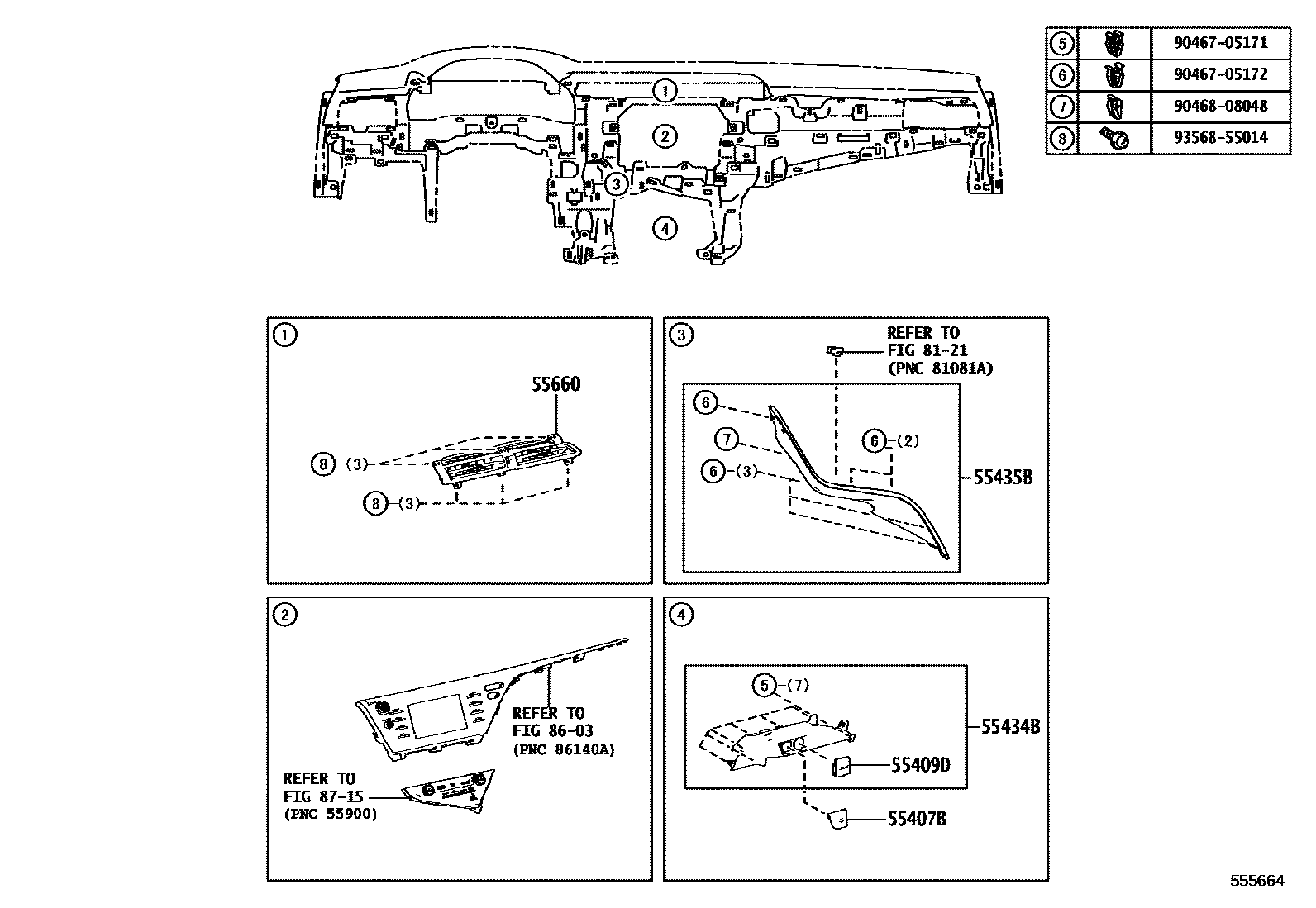 Toyota CAMRY 仪表板和手套箱 EPC diagram — 555664