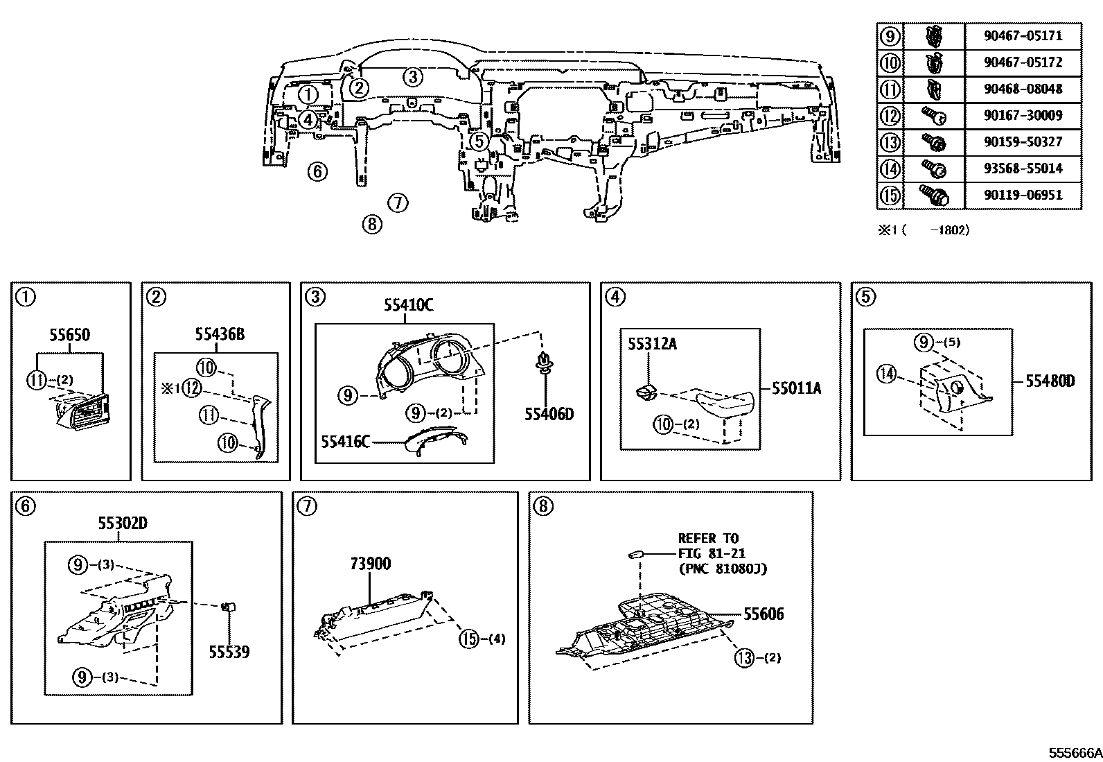 Toyota CAMRY 仪表板和手套箱 EPC diagram — 555666A