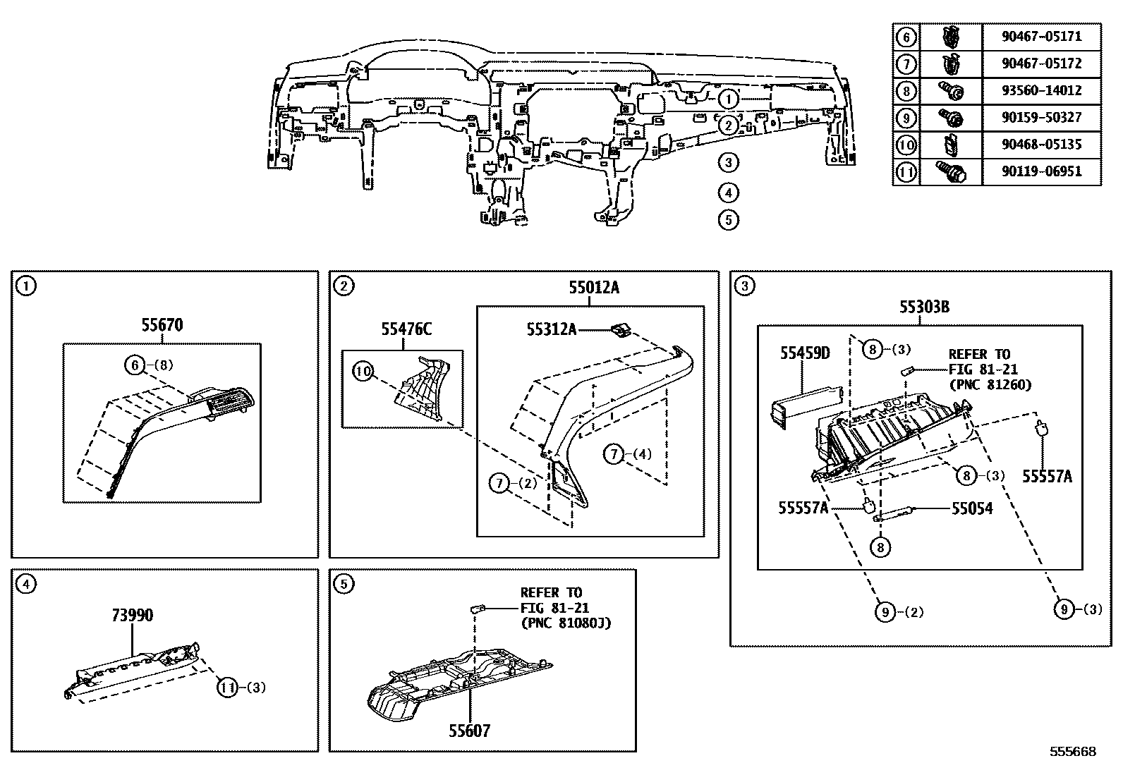 Toyota CAMRY 仪表板和手套箱 EPC diagram — 555668