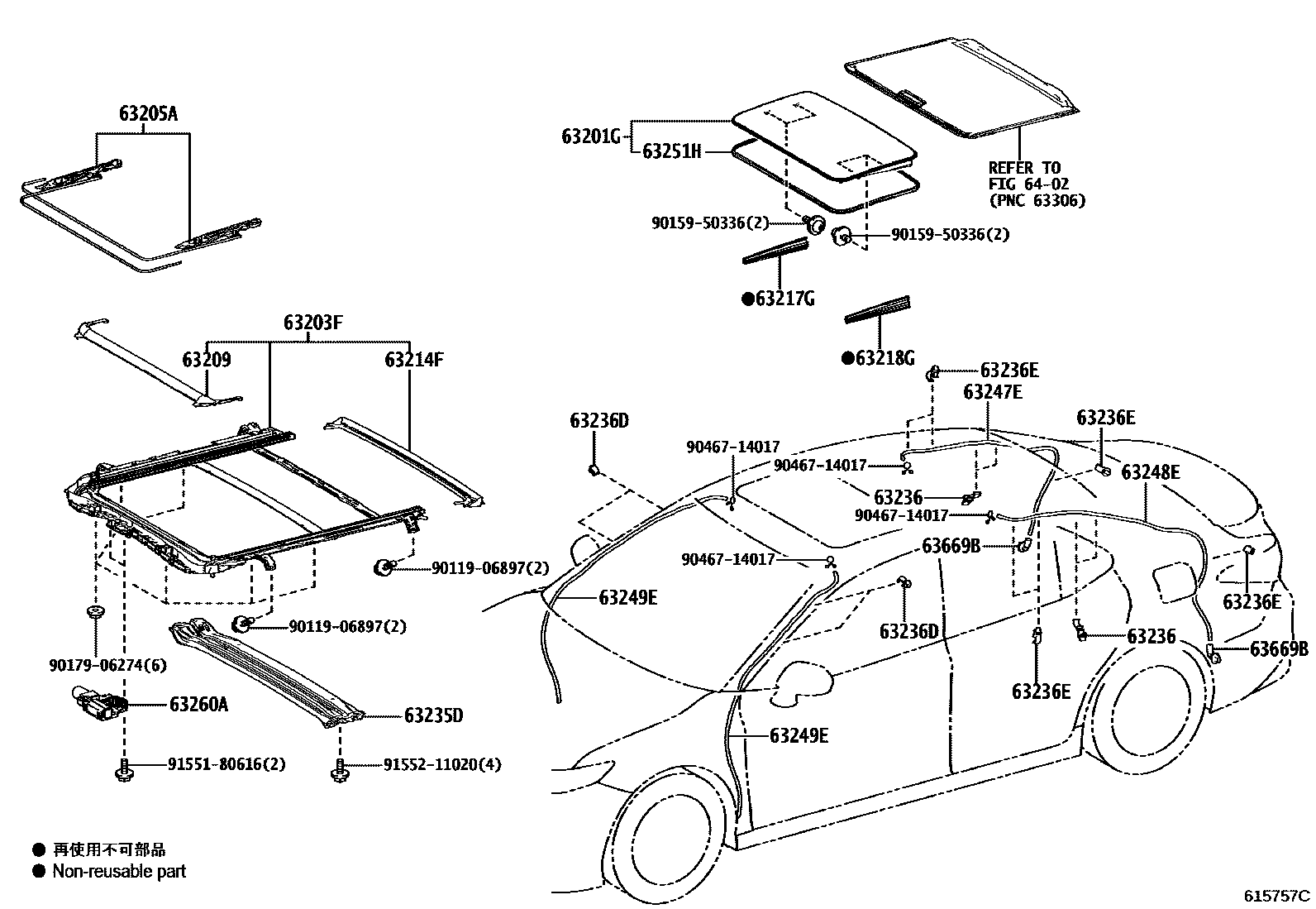 Toyota CAMRY 天窗板和背窗玻璃 EPC diagram — 615757C