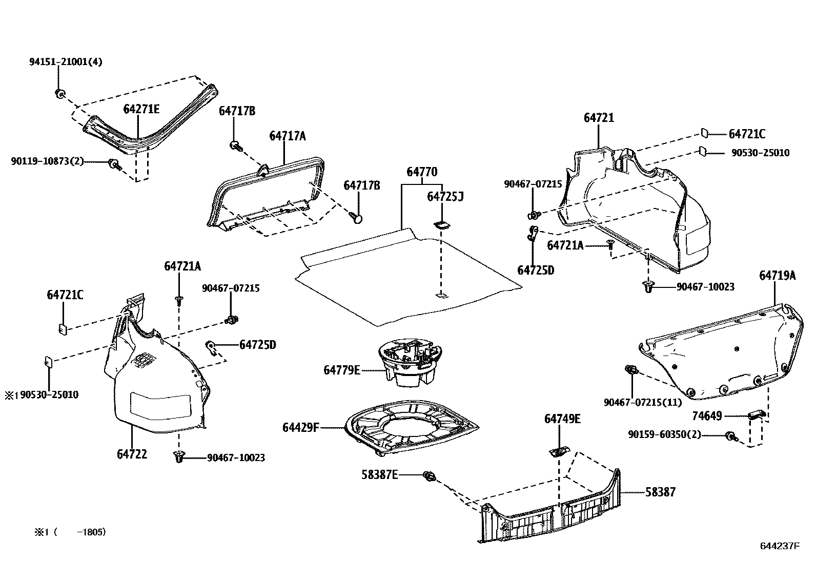 Toyota CAMRY 杂物箱板和行李箱垫 EPC diagram — 644237F