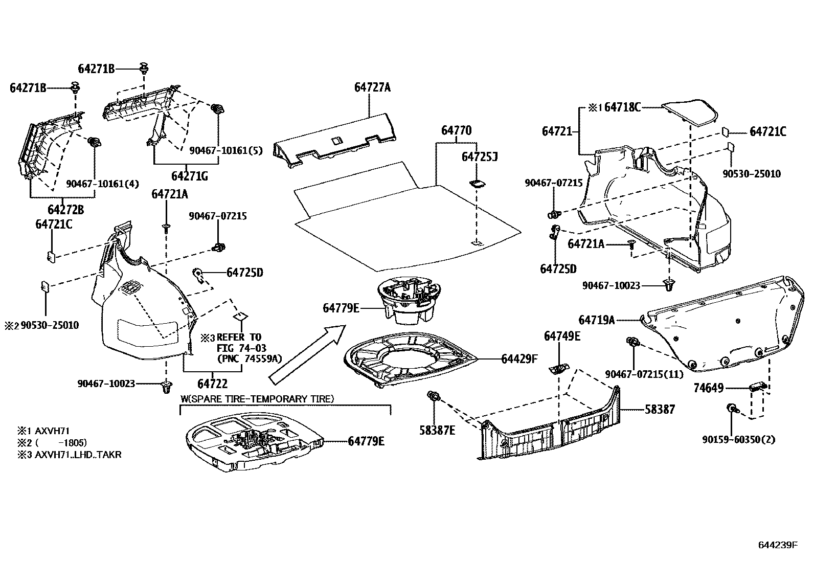 Toyota CAMRY 杂物箱板和行李箱垫 EPC diagram — 644239F
