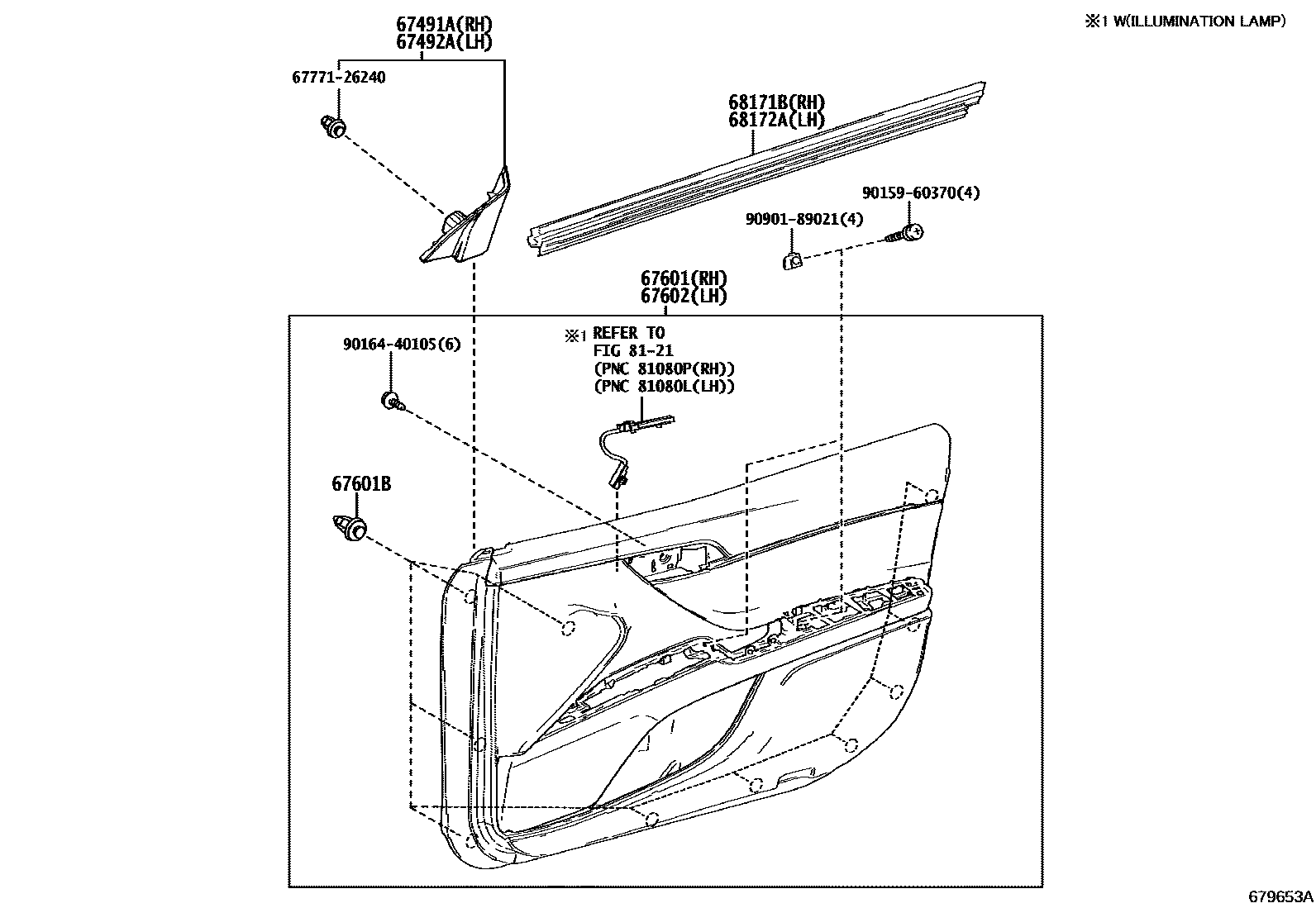 Toyota CAMRY 前门板和前门玻璃 EPC diagram — 679653A