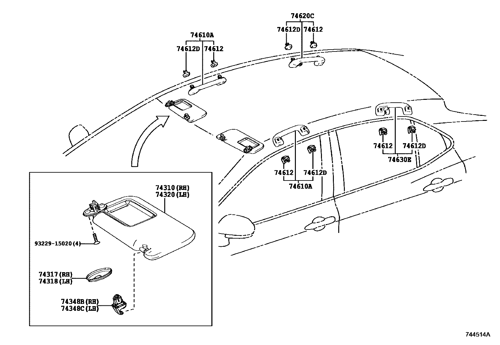 Toyota CAMRY 扶手和遮阳板 EPC diagram — 744514A