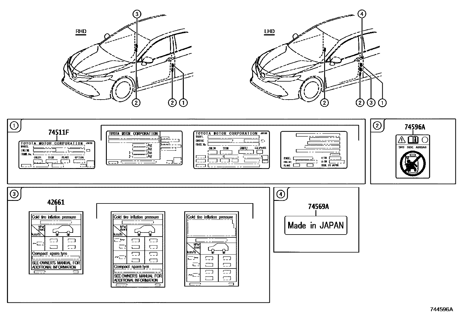 Toyota CAMRY 警示铭牌(车外和车内) EPC diagram — 744596A