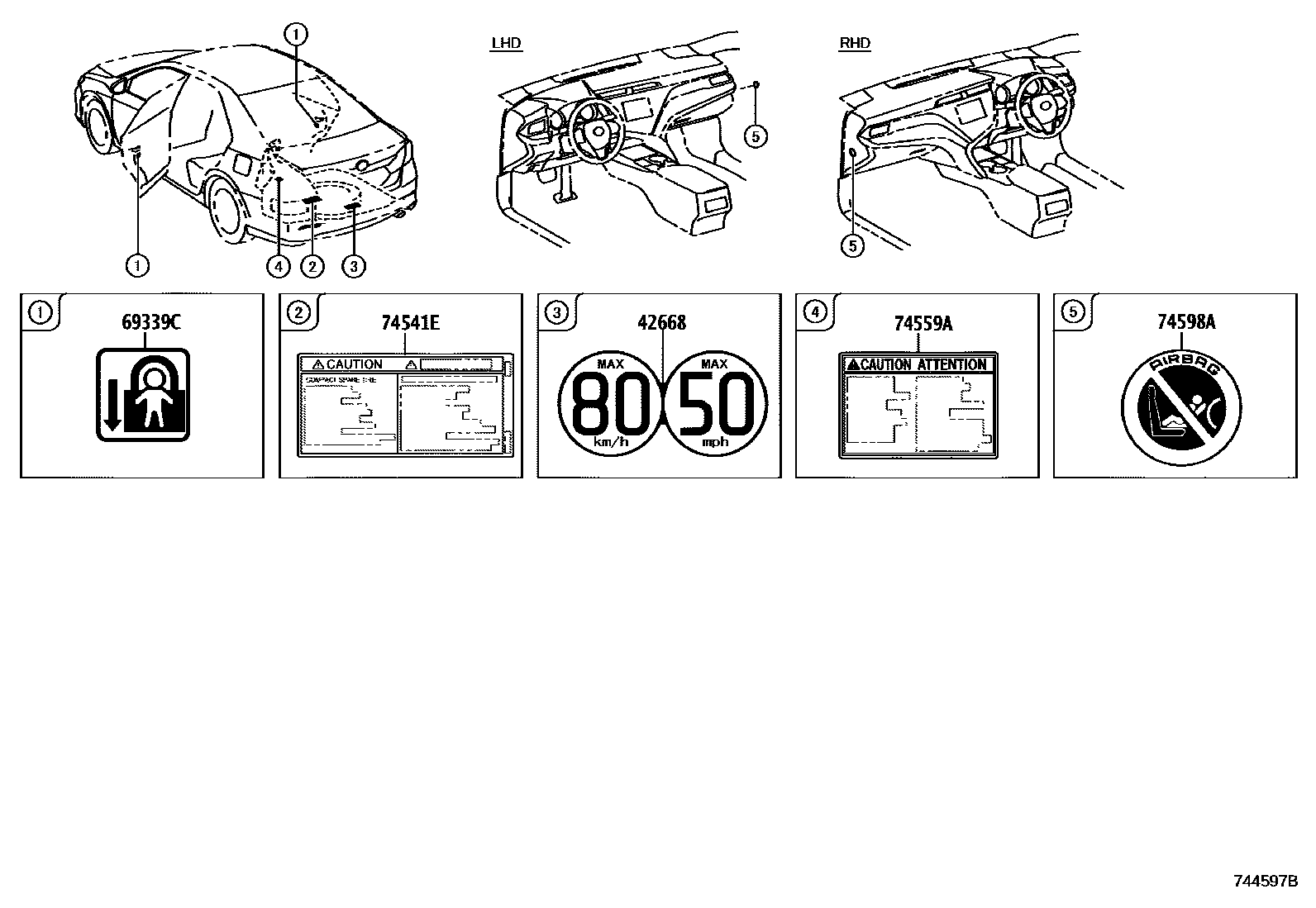 Toyota CAMRY 警示铭牌(车外和车内) EPC diagram — 744597B