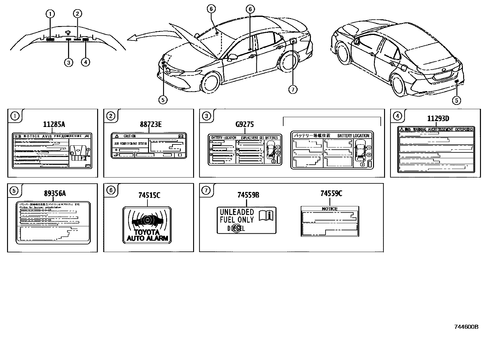 Toyota CAMRY 警示铭牌(车外和车内) EPC diagram — 744600B