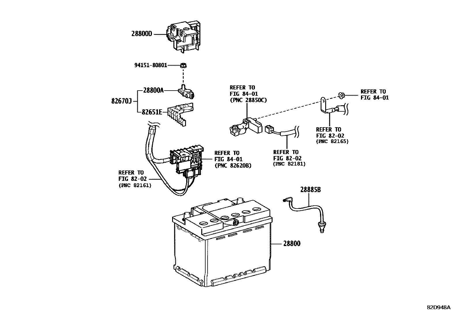 Toyota CAMRY 蓄电池和蓄电池电缆 EPC diagram — 82D948A