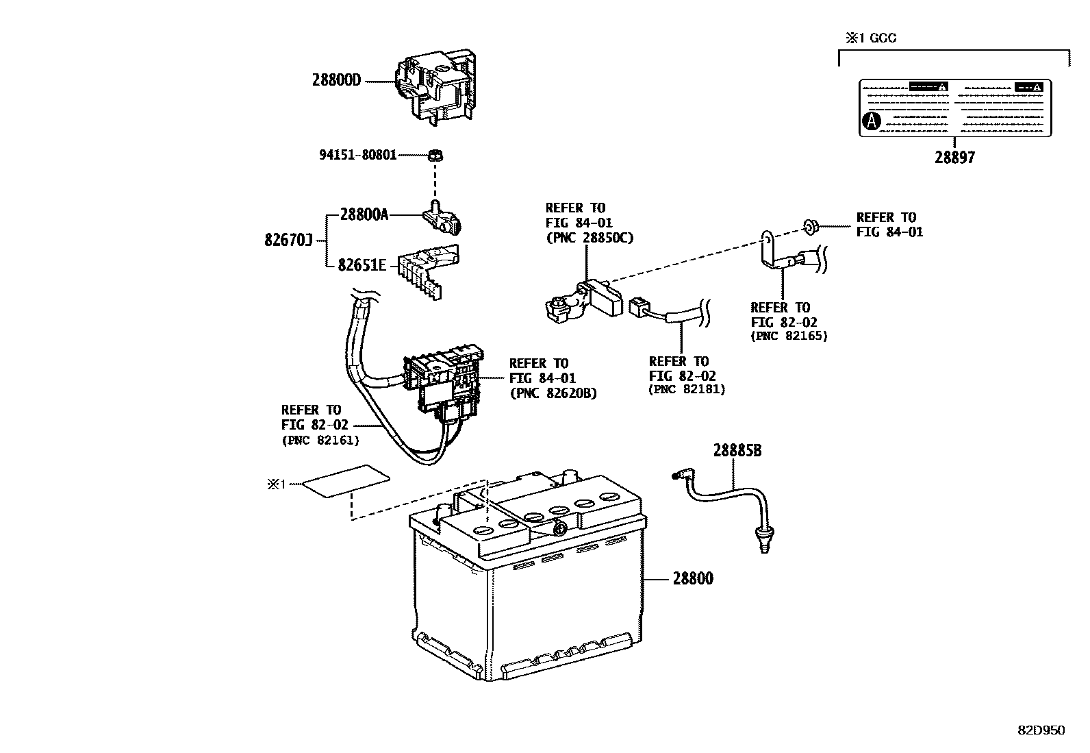 Toyota CAMRY 蓄电池和蓄电池电缆 EPC diagram — 82D950