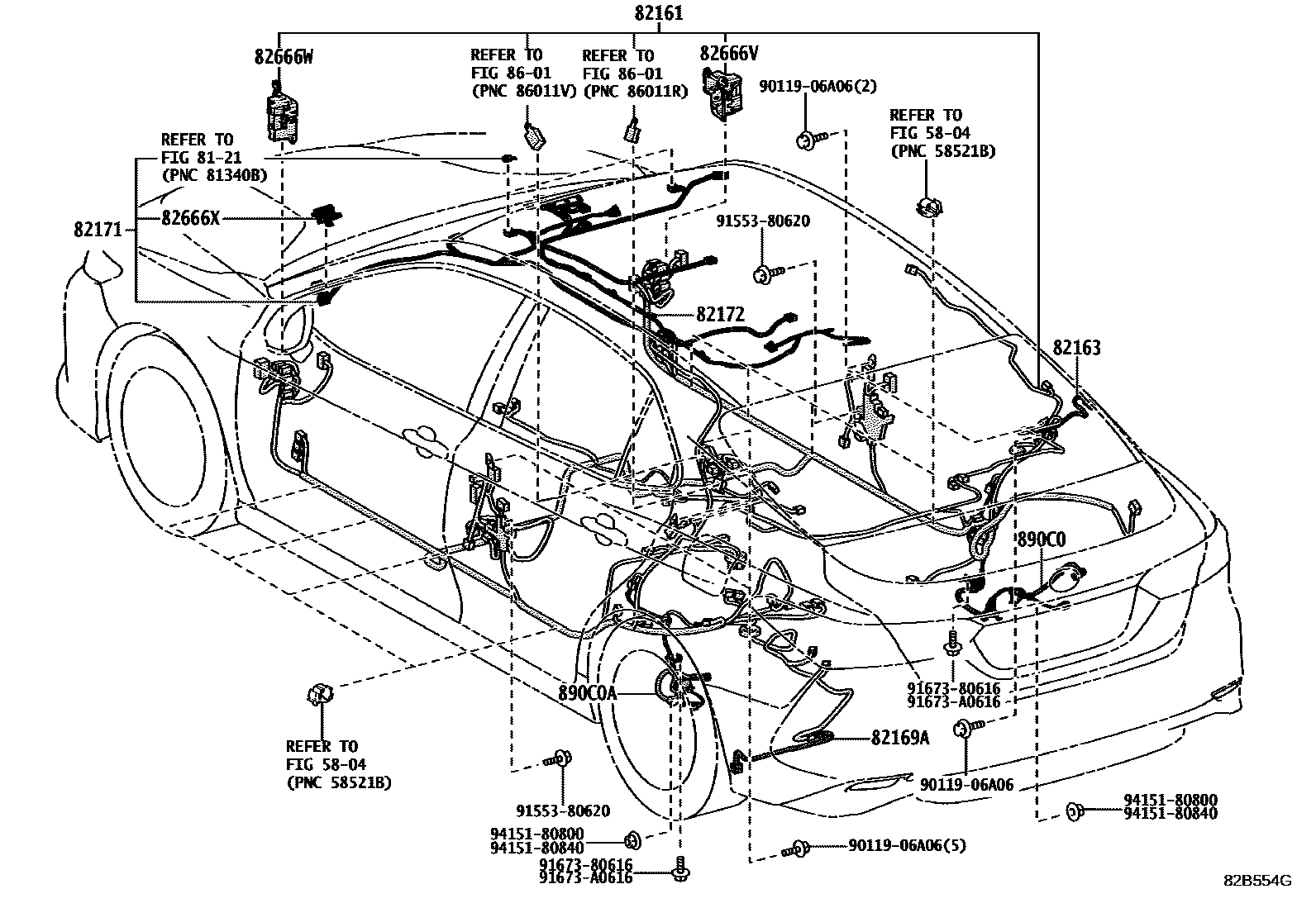 Toyota CAMRY 线束和卡夹 EPC diagram — 82B554G