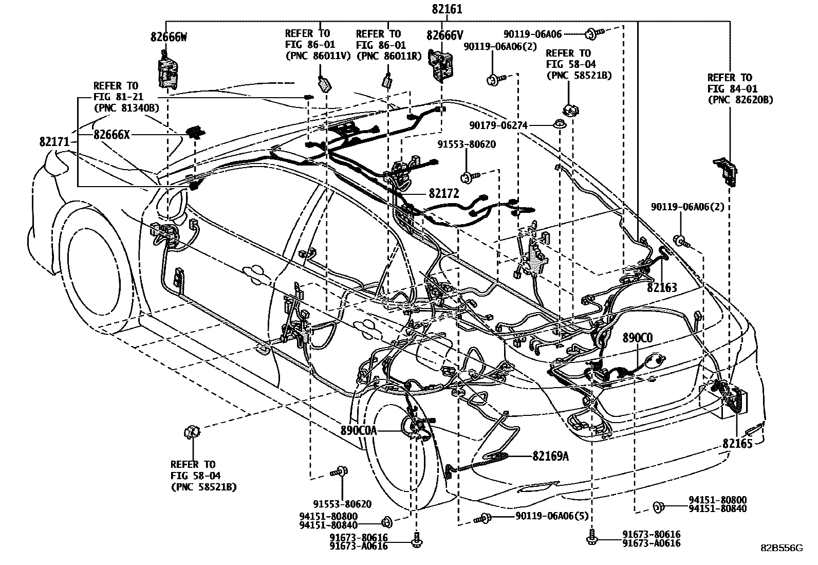 Toyota CAMRY 线束和卡夹 EPC diagram — 82B556G