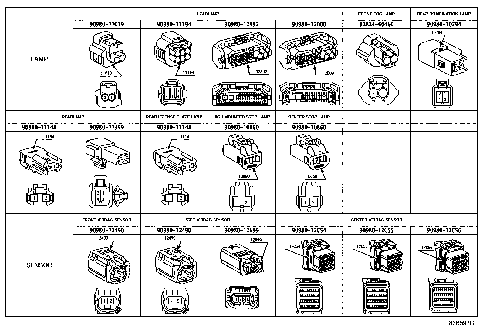 Toyota CAMRY 线束和卡夹 EPC diagram — 82B597G