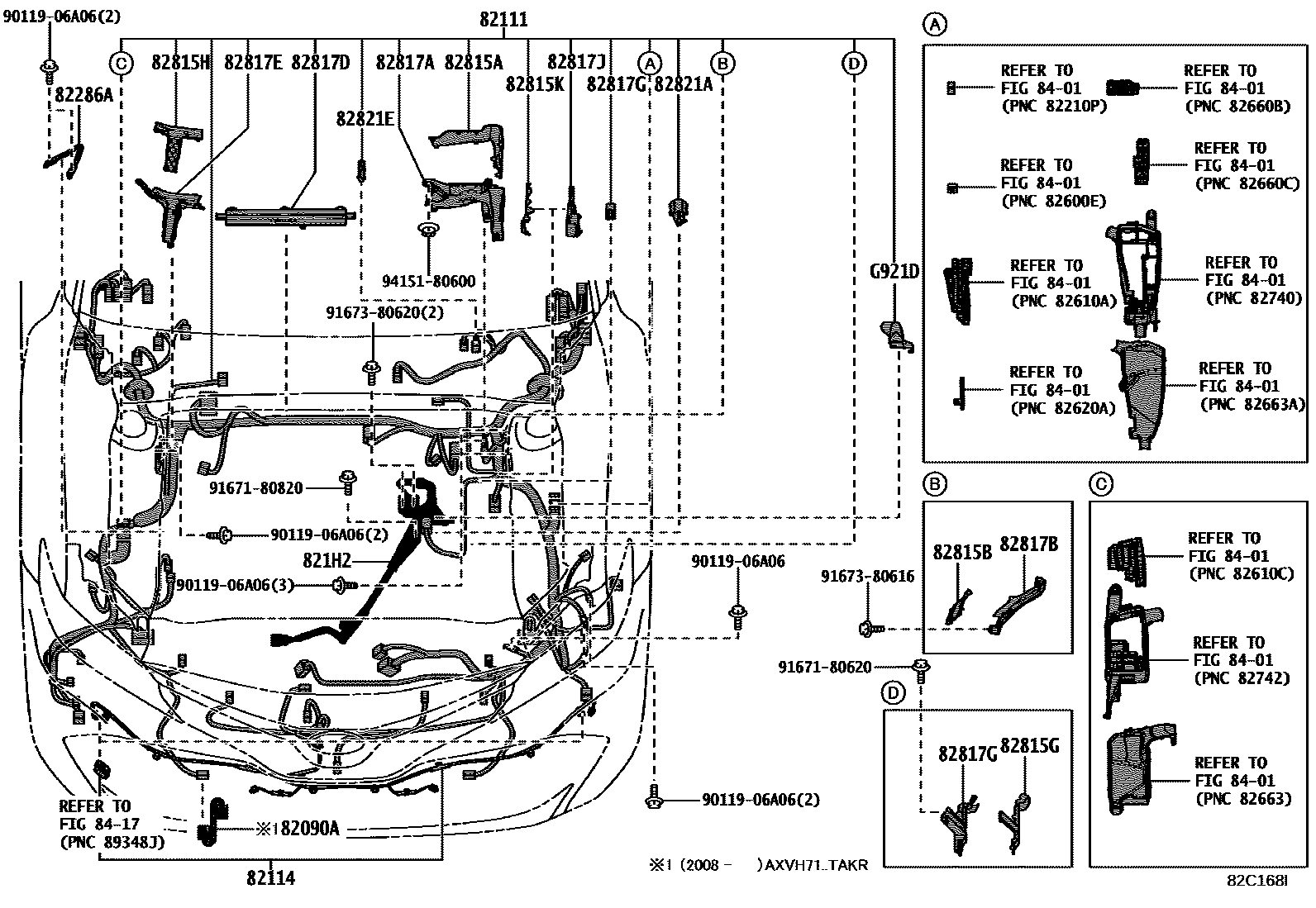 Toyota CAMRY 线束和卡夹 EPC diagram — 82C168I