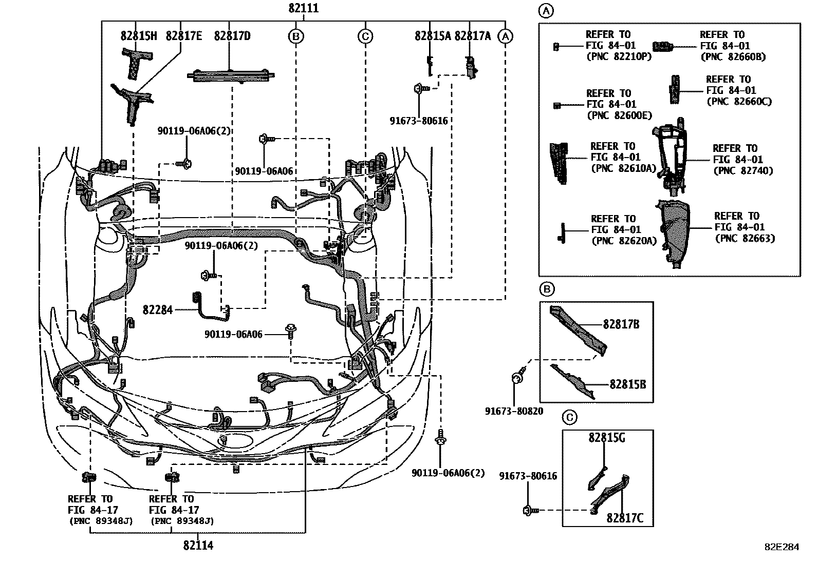 Toyota CAMRY 线束和卡夹 EPC diagram — 82E284
