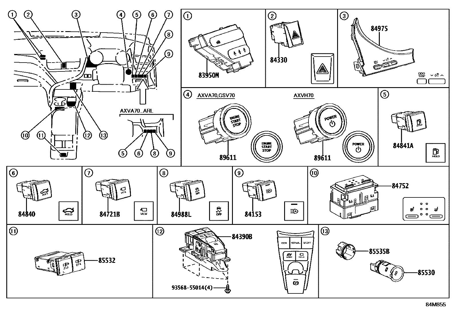Toyota CAMRY 开关和继电器和ECU EPC diagram — 84M855