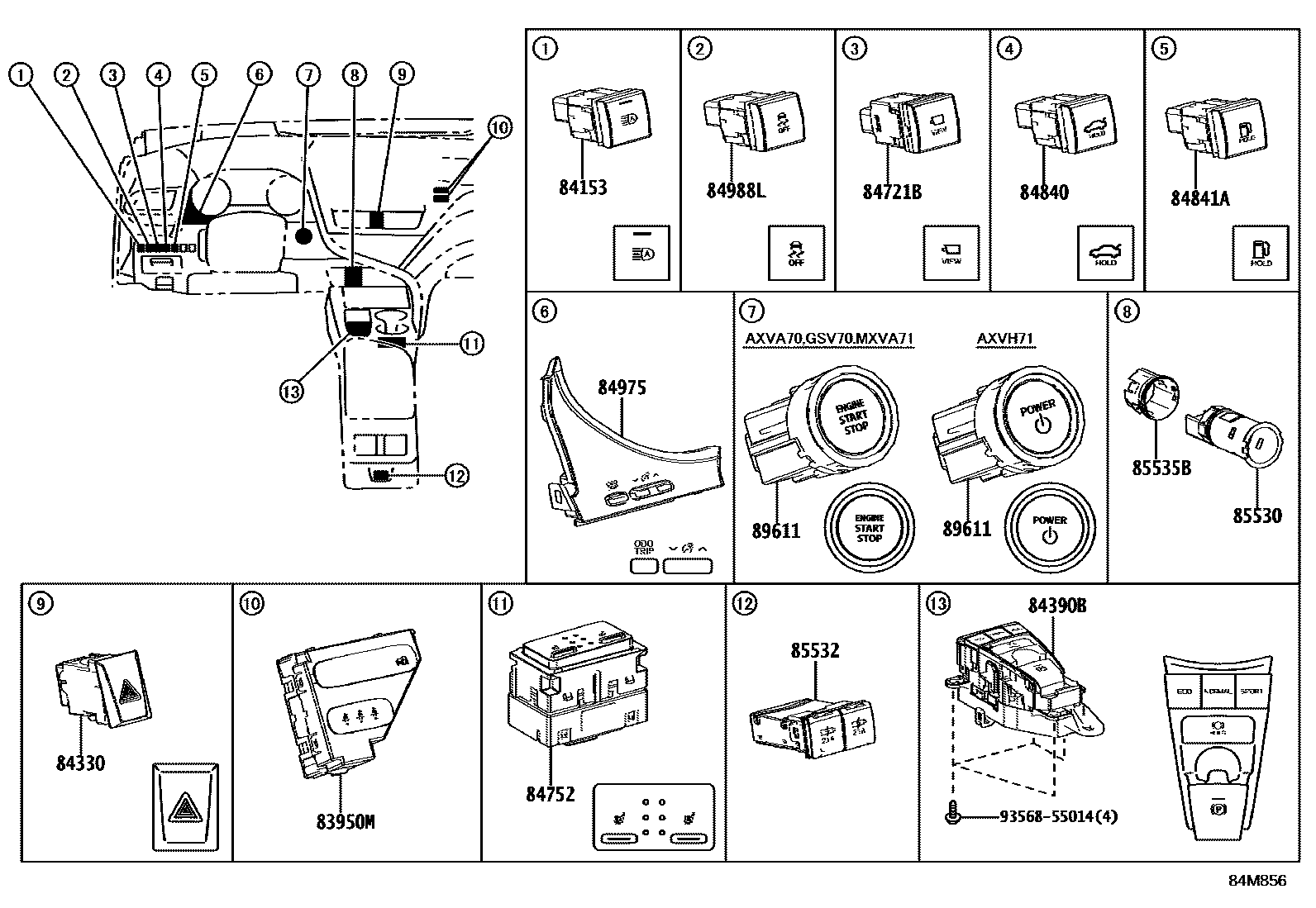 Toyota CAMRY 开关和继电器和ECU EPC diagram — 84M856