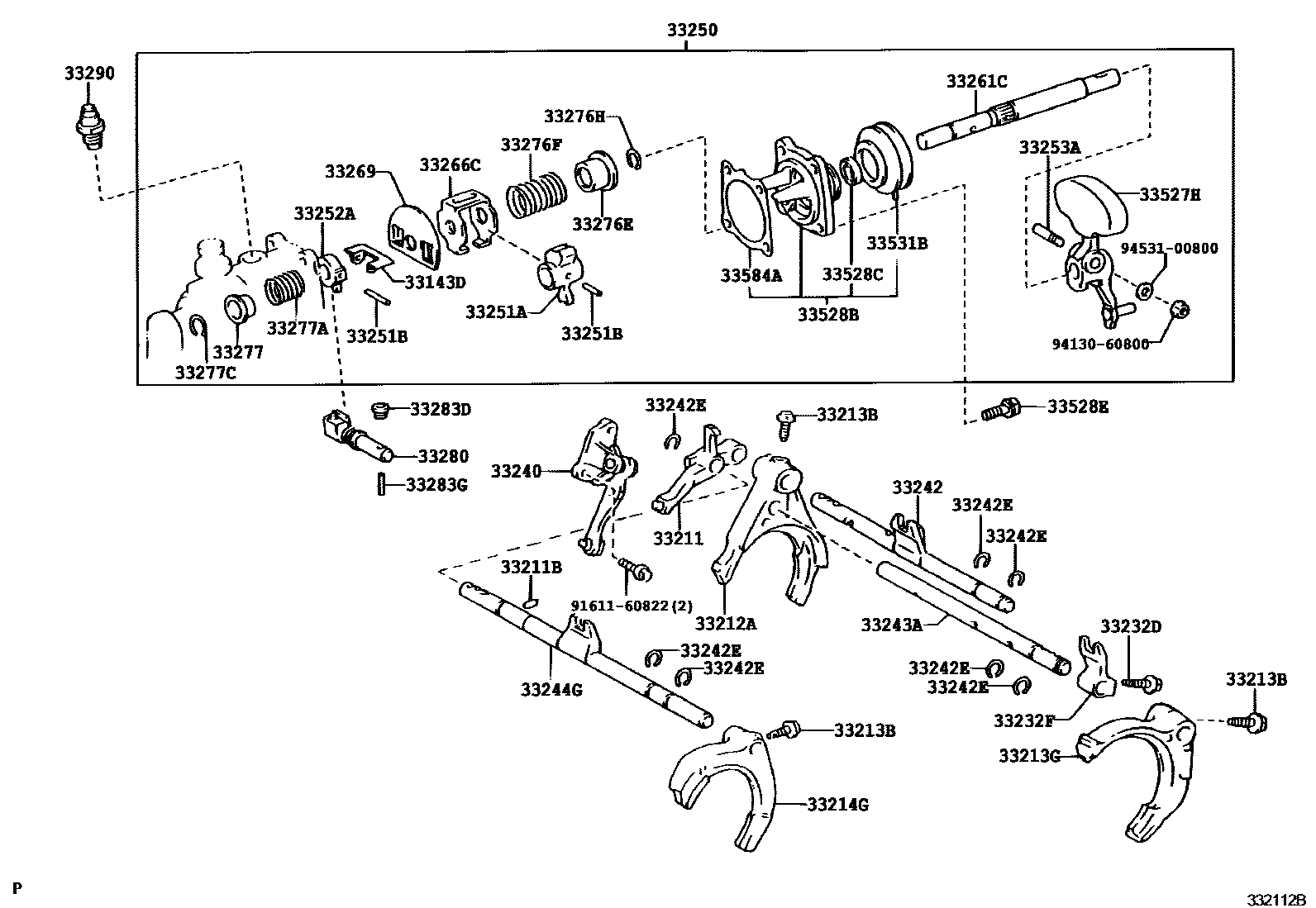Toyota CAMRY 换档拨叉和换档杆轴(MTM) EPC diagram — 332112B