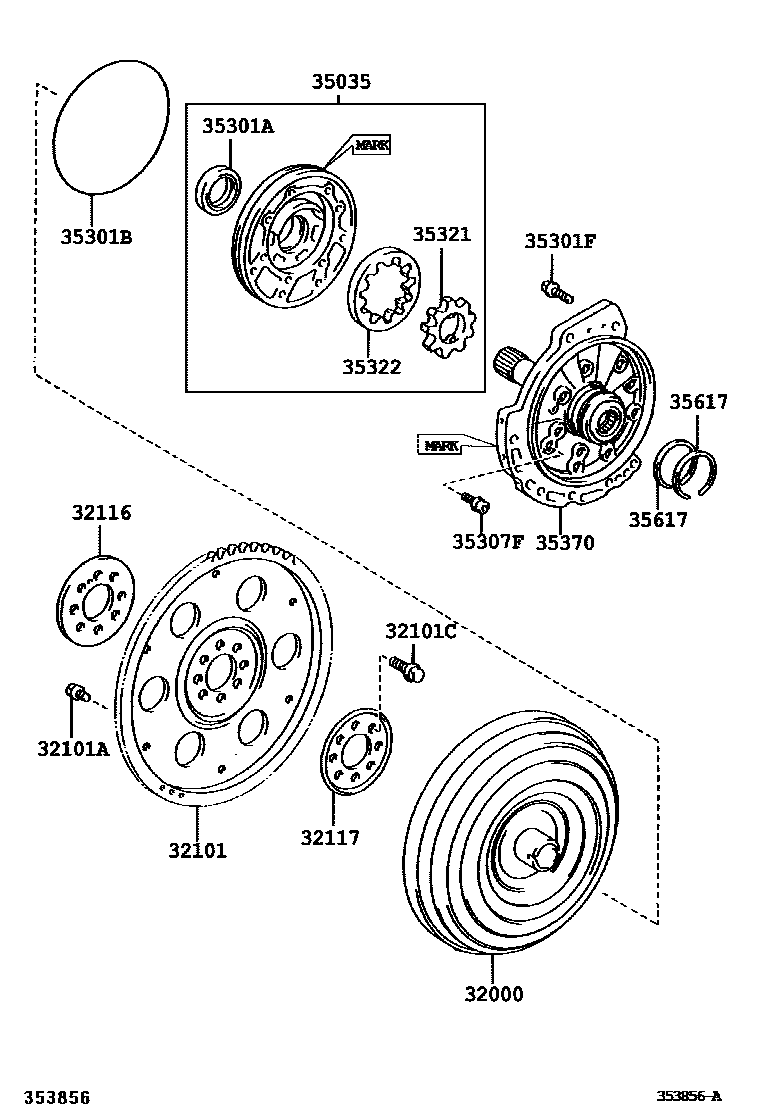 Toyota CAMRY 变矩器、前油泵和链条(ATM) EPC diagram — 353856A