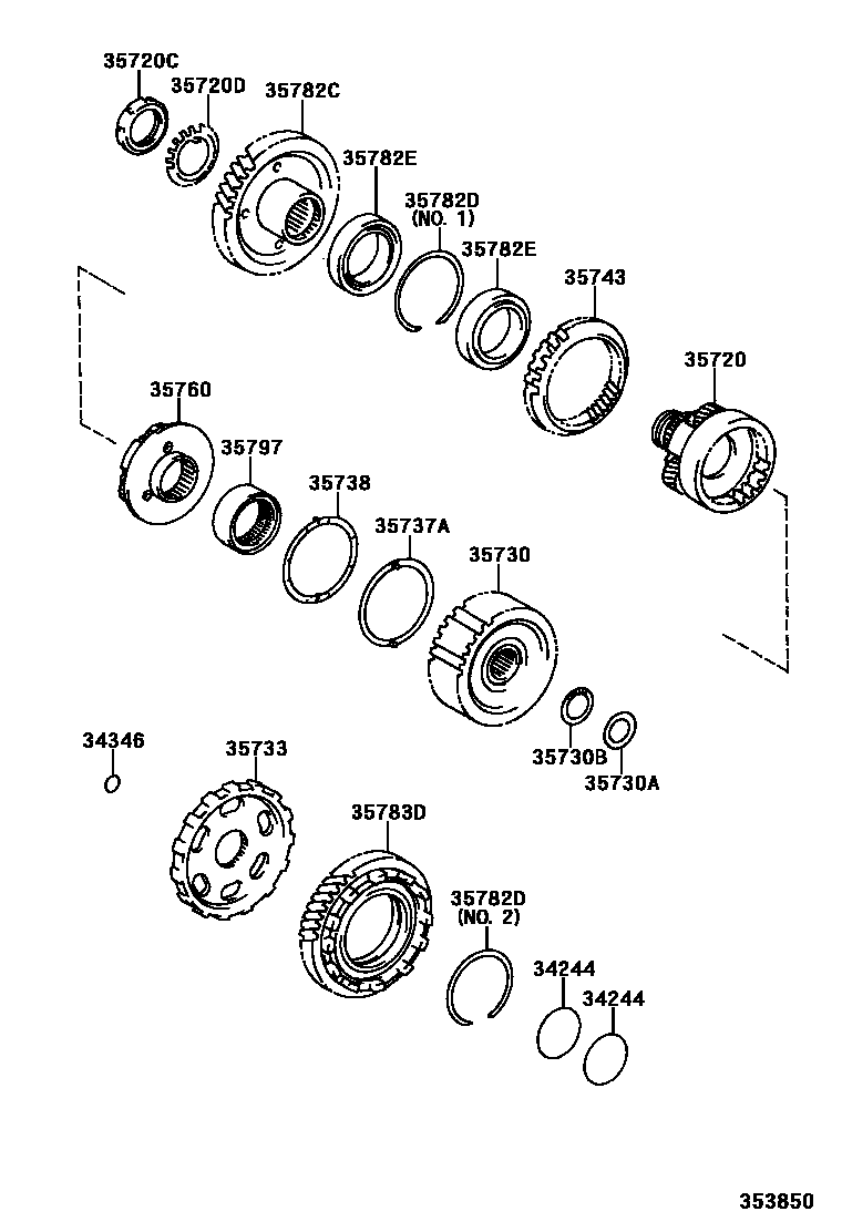 Toyota CAMRY 行星齿轮、倒档活塞和中间轴齿轮(ATM) EPC diagram — 353850