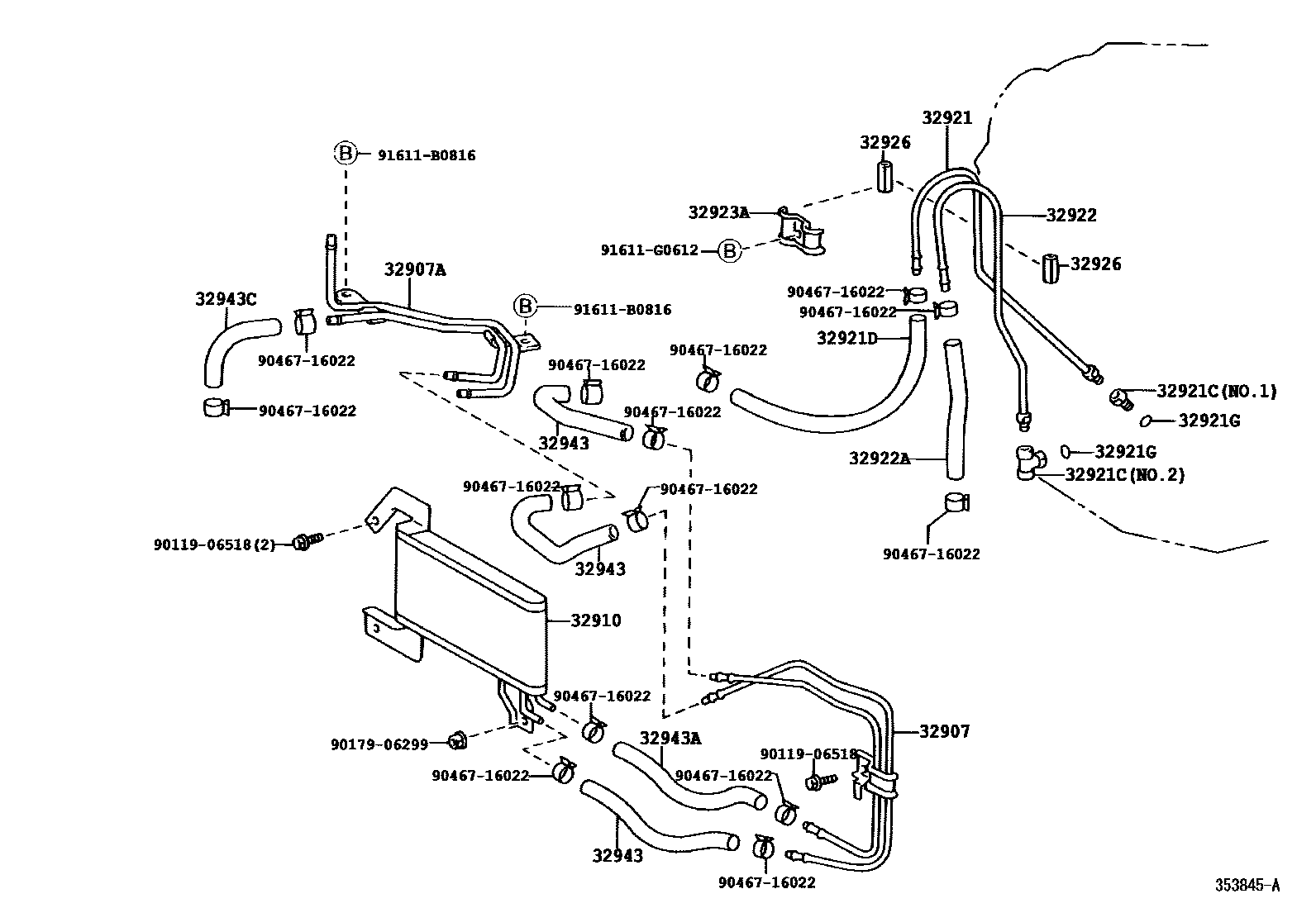 Toyota CAMRY 变速器油冷却器和配管(ATM) EPC diagram — 353845A