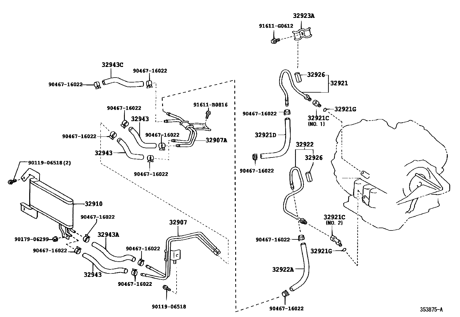Toyota CAMRY 变速器油冷却器和配管(ATM) EPC diagram — 353875A