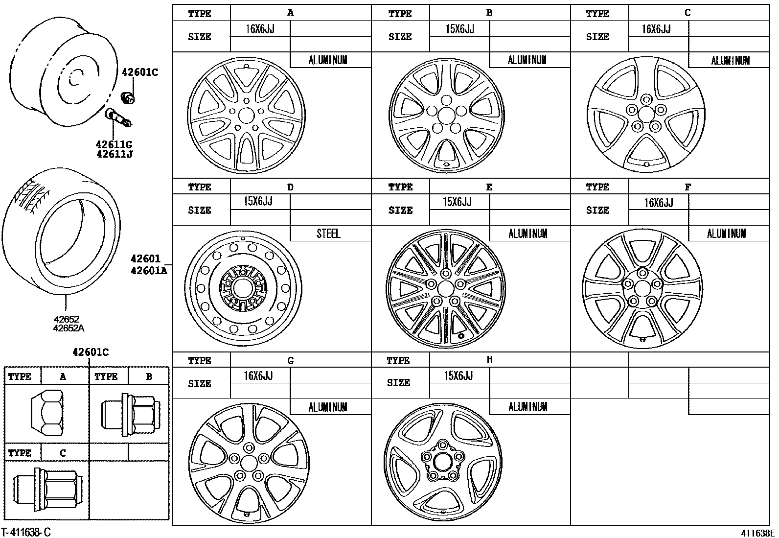 Toyota CAMRY 车轮和车轮盖 EPC diagram — 411638E