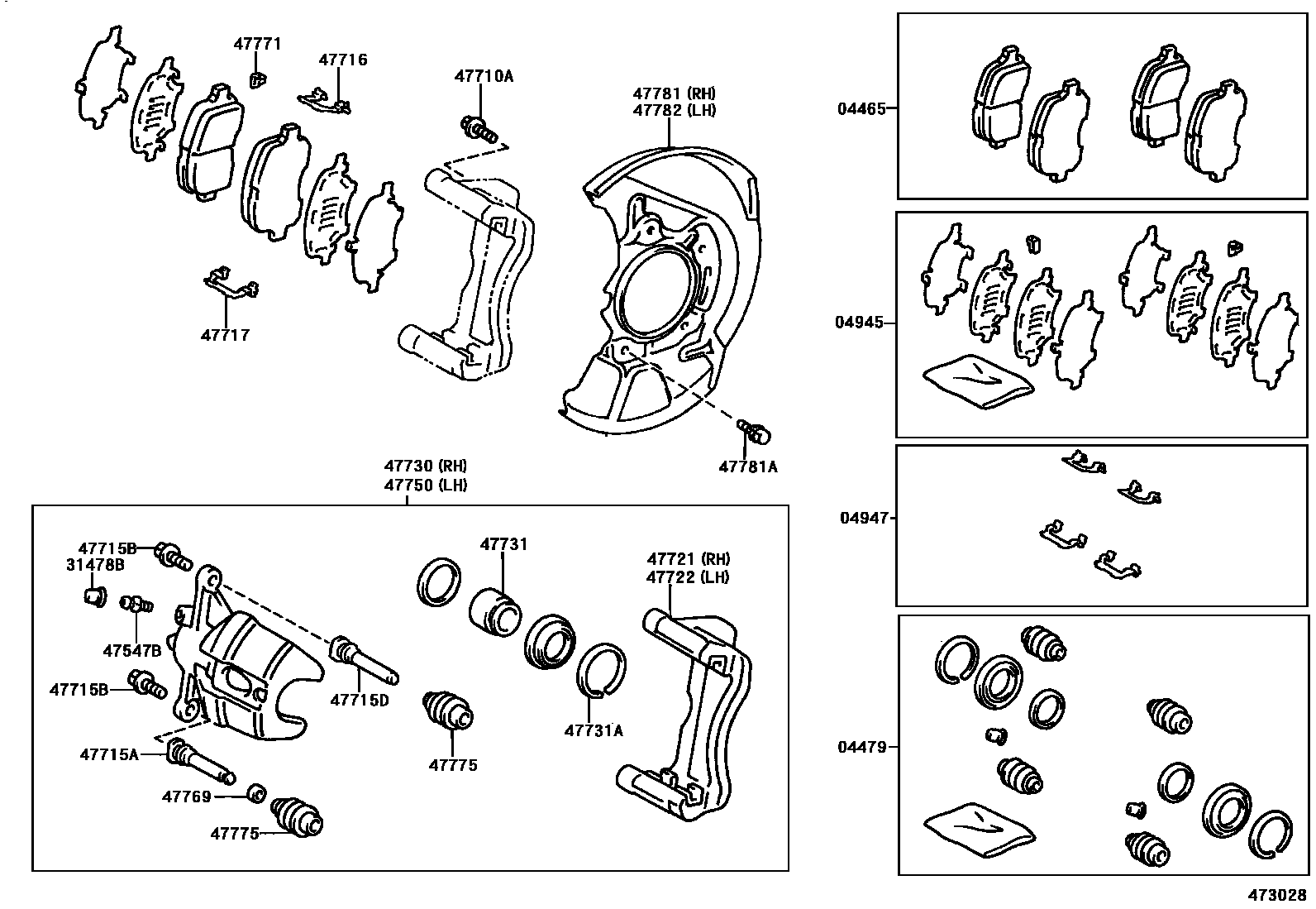 Toyota CAMRY 前盘式制动器卡钳和防尘罩 EPC diagram — 473028