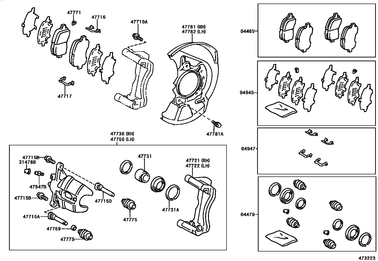 Toyota CAMRY 前盘式制动器卡钳和防尘罩 EPC diagram — 473223