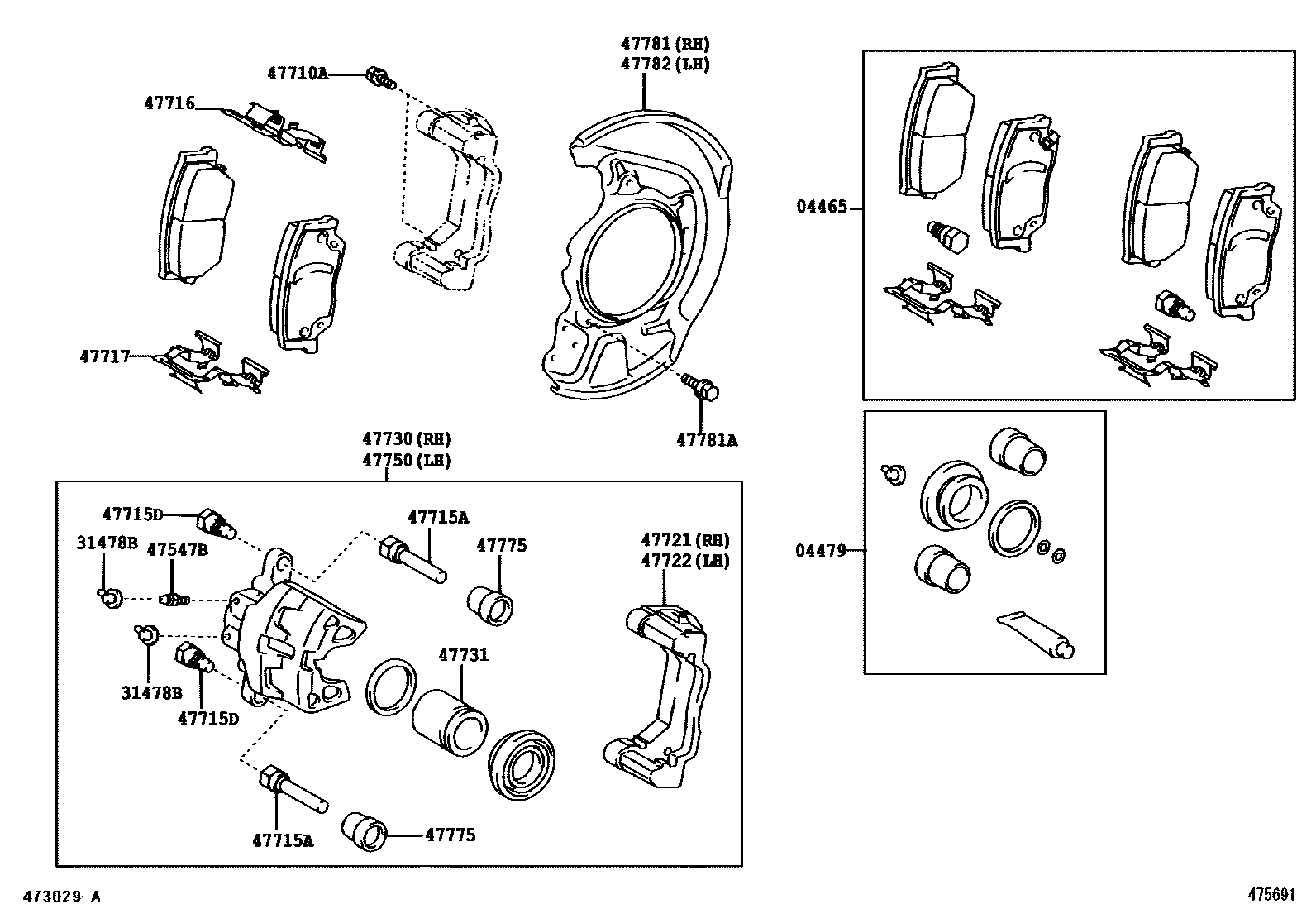 Toyota CAMRY 前盘式制动器卡钳和防尘罩 EPC diagram — 475691