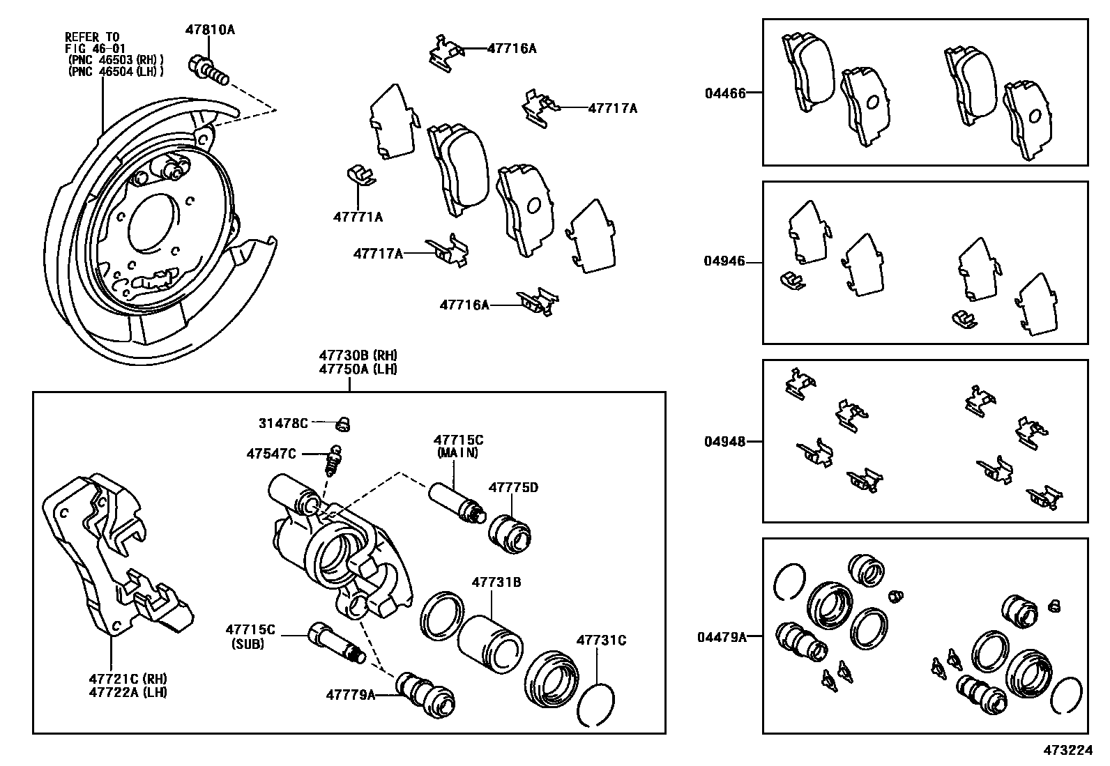 Toyota CAMRY 后盘式制动器卡钳和防尘罩 EPC diagram — 473224