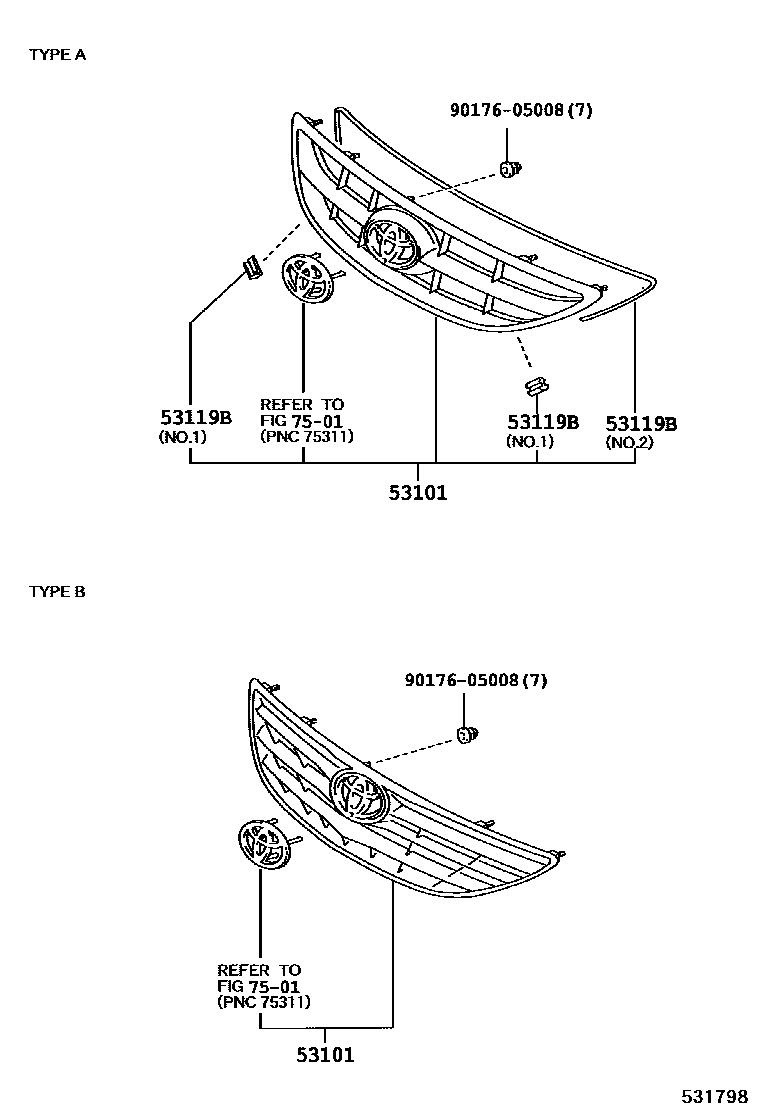 Toyota CAMRY radiator grille EPC diagram — 531798